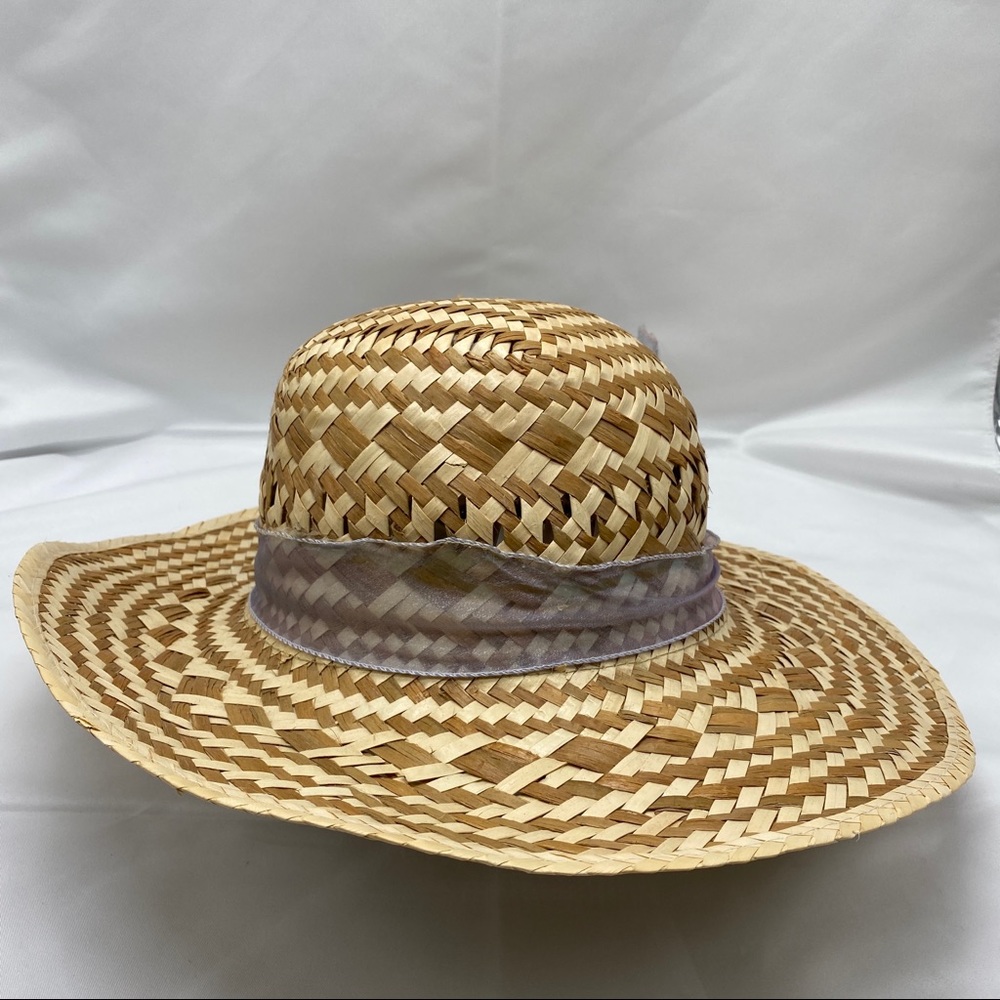 Wide Brim Straw Hat with Purple/Blue ribbon